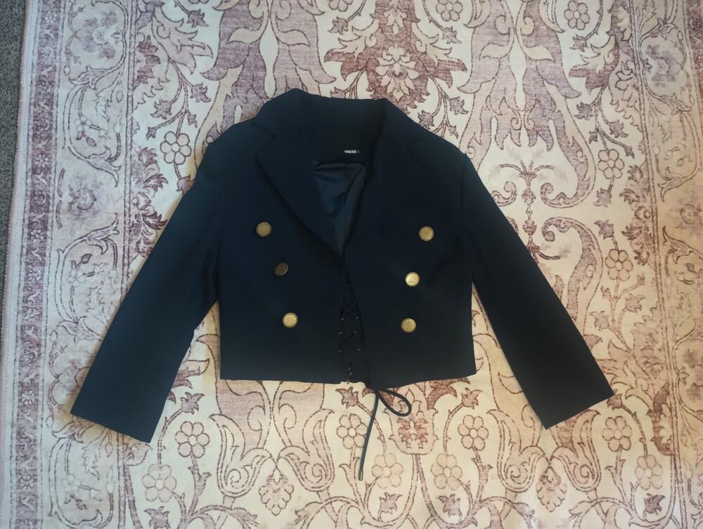 Forever 21 Womens Cropped Military Blazer Jacket S Navy Steampunk Nautical Y2K